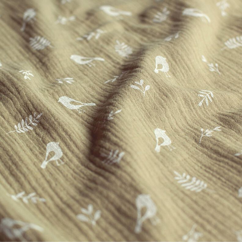 Mousseline/dubbel gehaakte stoffen Takken en kleine vogels – licht kaki/wit, image number 2