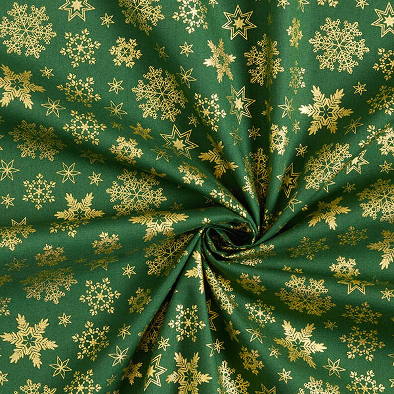 Katoenen stof Popeline Sneeuwkristal – groen/goud, image number 3
