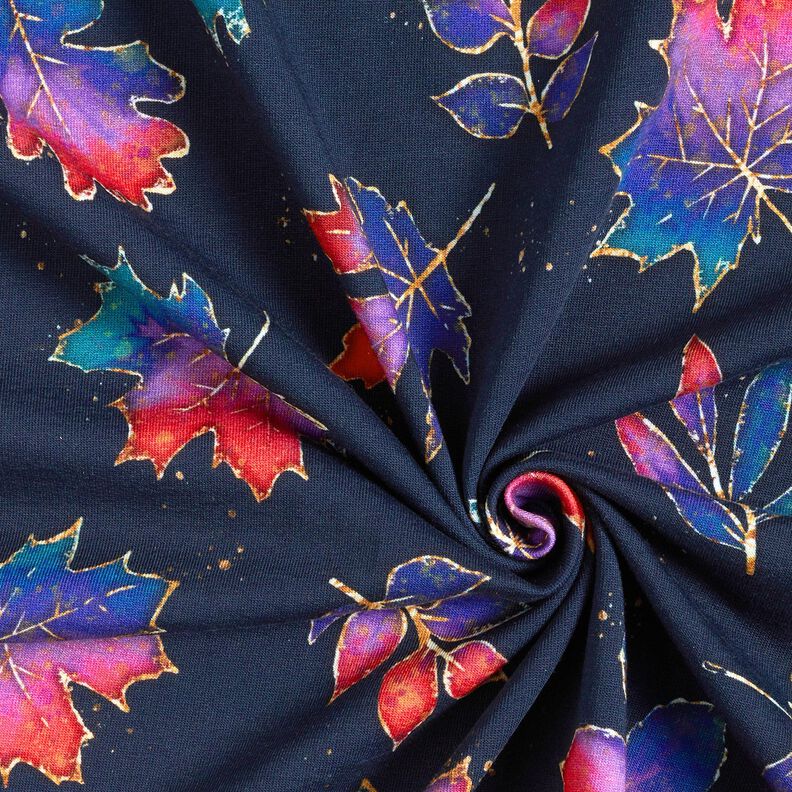 French Terry kleurrijke herfstbladeren | Glitzerpüppi – nachtblauw/vuurrood, image number 3