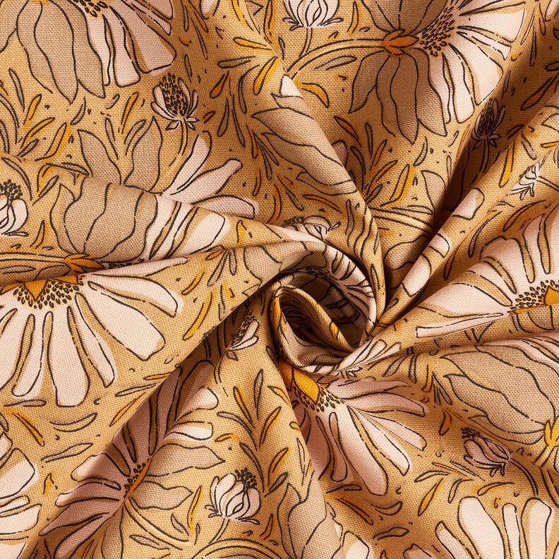 Decostof Half panama Grote bloemen – donkerbeige/currygeel,  image number 3