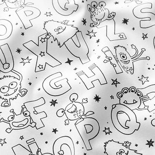 Katoenpopeline Kleurplaten letters-monsters – wit/zwart, 