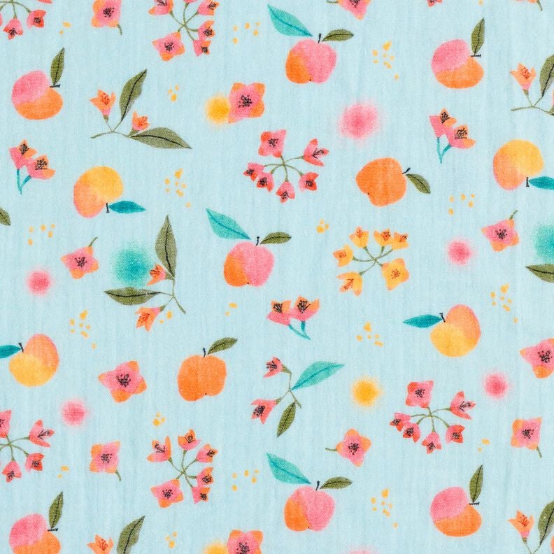 Mousseline/dubbel gehaakte stoffen appels stippen bloemen Digitaal printen – lichtblauw,  image number 1