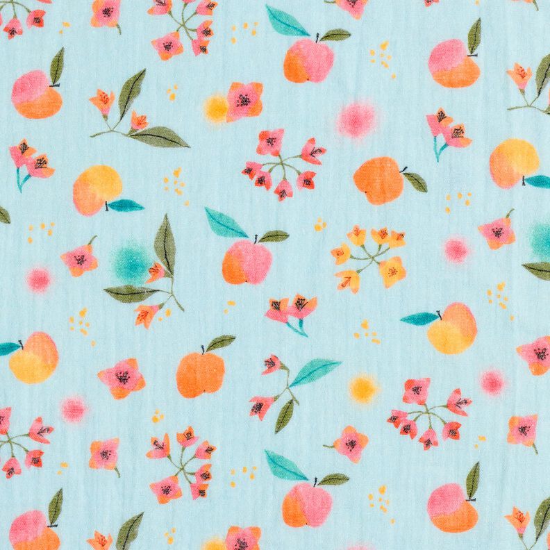Mousseline/dubbel gehaakte stoffen appels stippen bloemen Digitaal printen – lichtblauw, image number 1