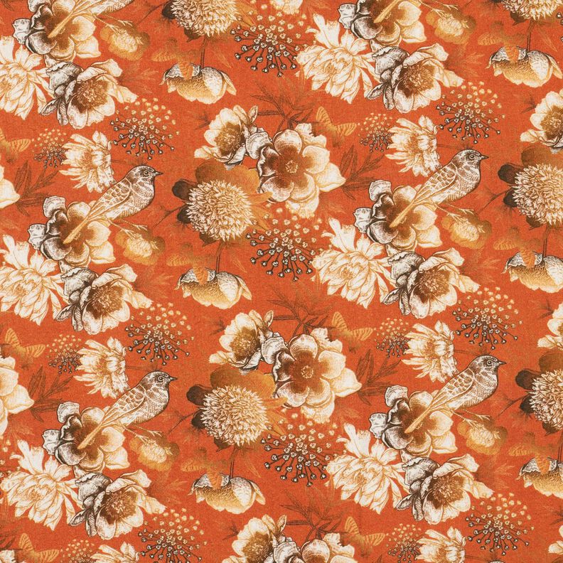 Viscosestof Vogels en wilde rozen – terracotta/karamel,  image number 1