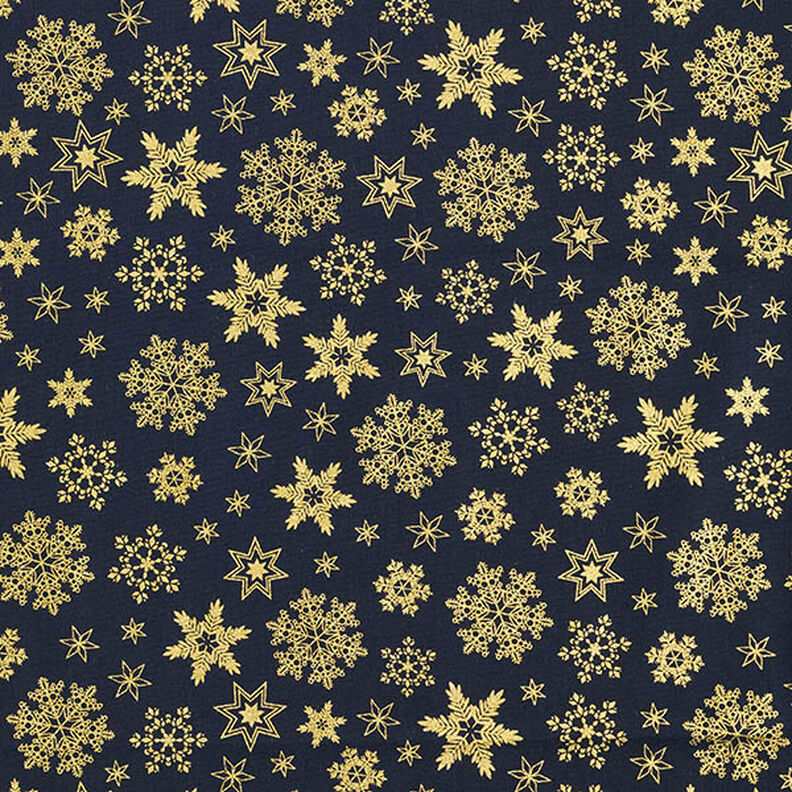 Katoenen stof Popeline Sneeuwkristal – nachtblauw/goud, image number 1