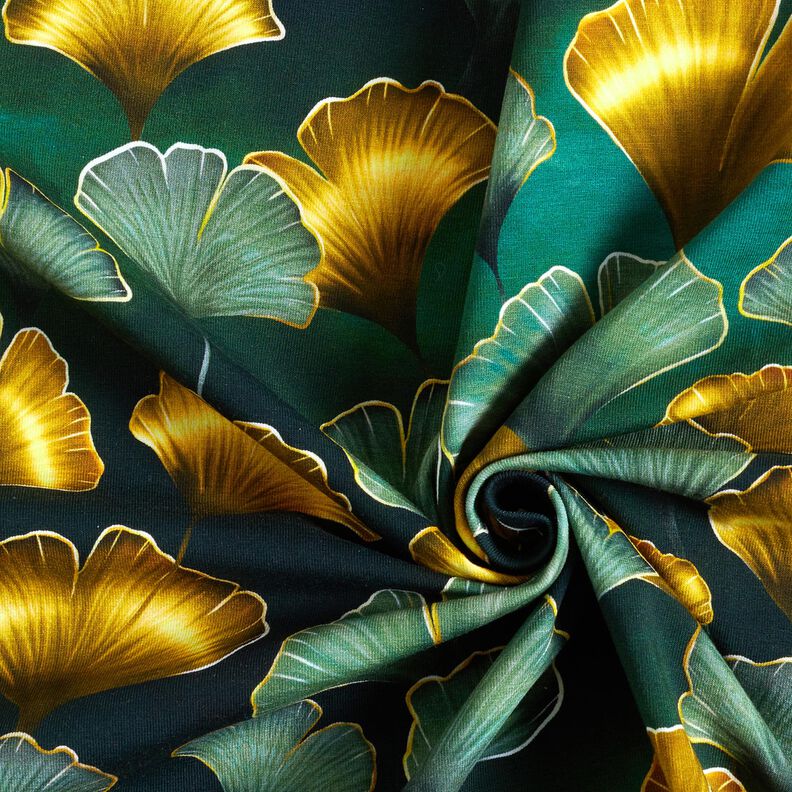 Katoenjersey Ginkgo | Glitzerpüppi – donkergroen/oud goud,  image number 3