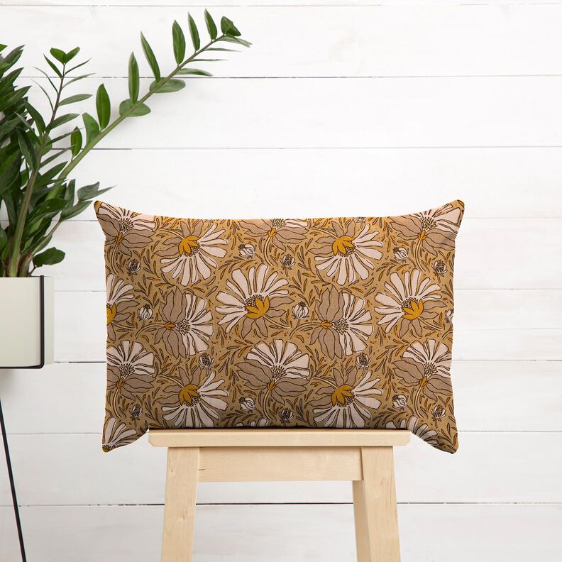 Decostof Half panama Grote bloemen – donkerbeige/currygeel, image number 6