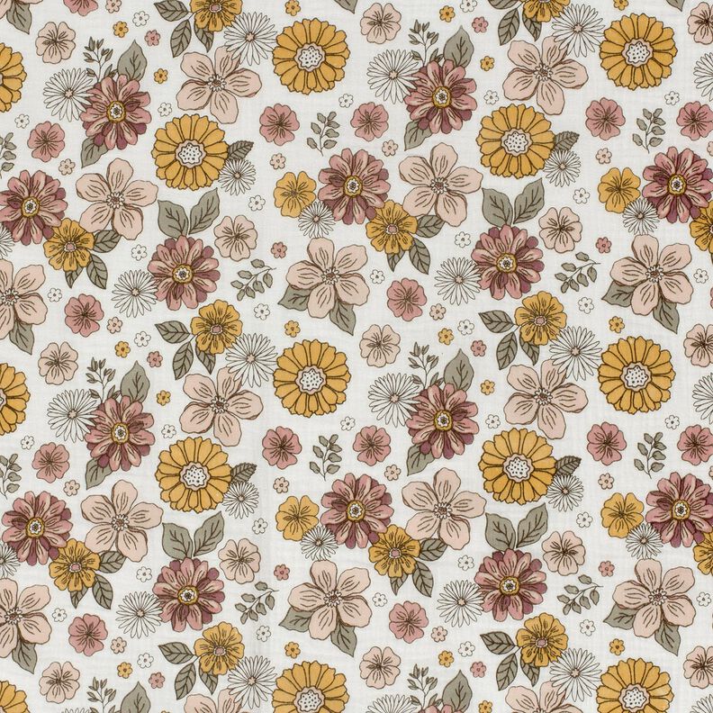 Mousseline/dubbel gehaakte stoffen Retro bloemen – wit,  image number 1