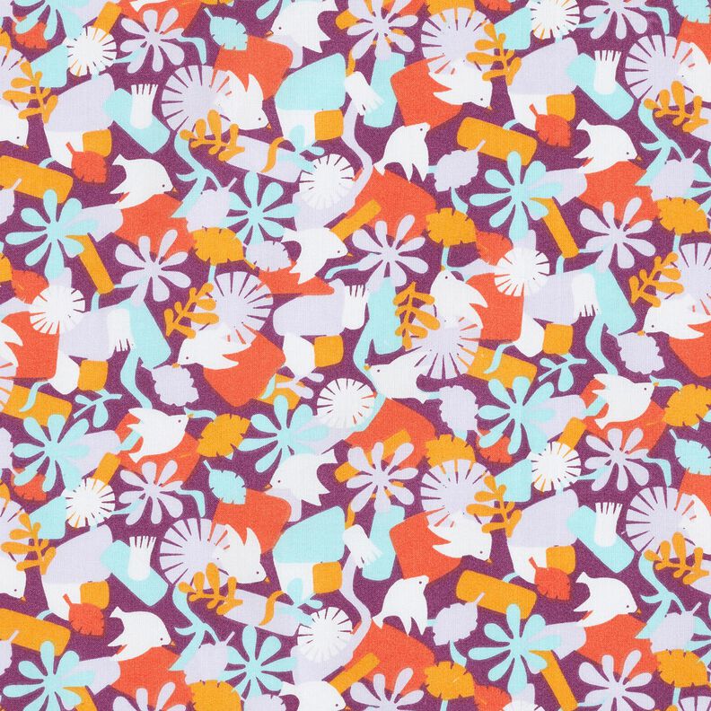 Katoenen stof Cretonne Vogels en bloemen – druif/pastelviolet, image number 1