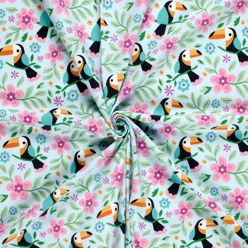 Katoenjersey Toekans in de bloemenjungle – babyblauw/oranje,  image number 3