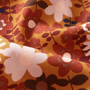 Katoenpopeline geometrische bloemen – currygeel/donkerbruin, 