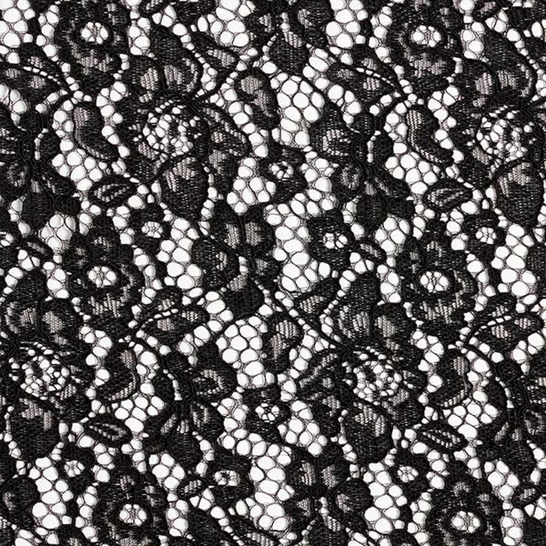 Kanten stof met golvende rand met bloesems aan beide zijden – zwart,  image number 1