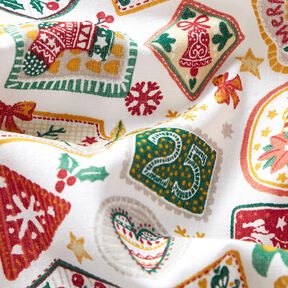 Katoenen stof Popeline Kerstbeelden – wit/karmijnrood, 