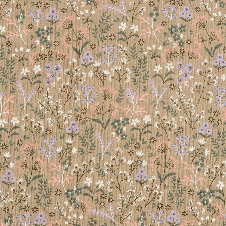 GOTS Mousseline/dubbel gehaakte stoffen Lente bloemenweide | Poppy Fabrics – donkerbeige,  image number 1