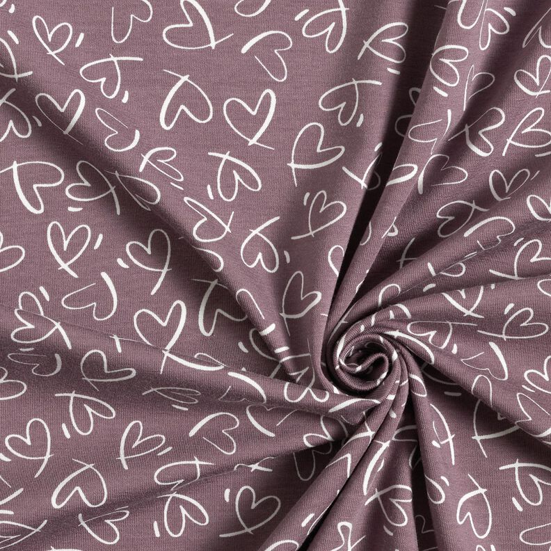 Katoenjersey Skribbel harten &ndash; pruimen/wit | Stofrestant 50cm,  image number 3
