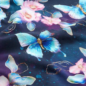 Katoenjersey Glinsterende vlinders en bloemen | Glitzerpüppi  – nachtblauw/ijsblauw | Stofrestant 80cm, 