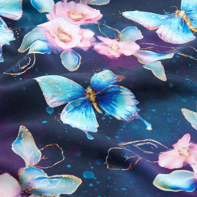 Katoenjersey Glinsterende vlinders en bloemen | Glitzerpüppi  – nachtblauw/ijsblauw | Stofrestant 80cm,  image number 2