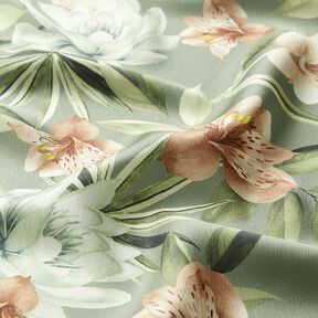 Crêpe satijn magnolia's met palmbladeren – riet/beige, 