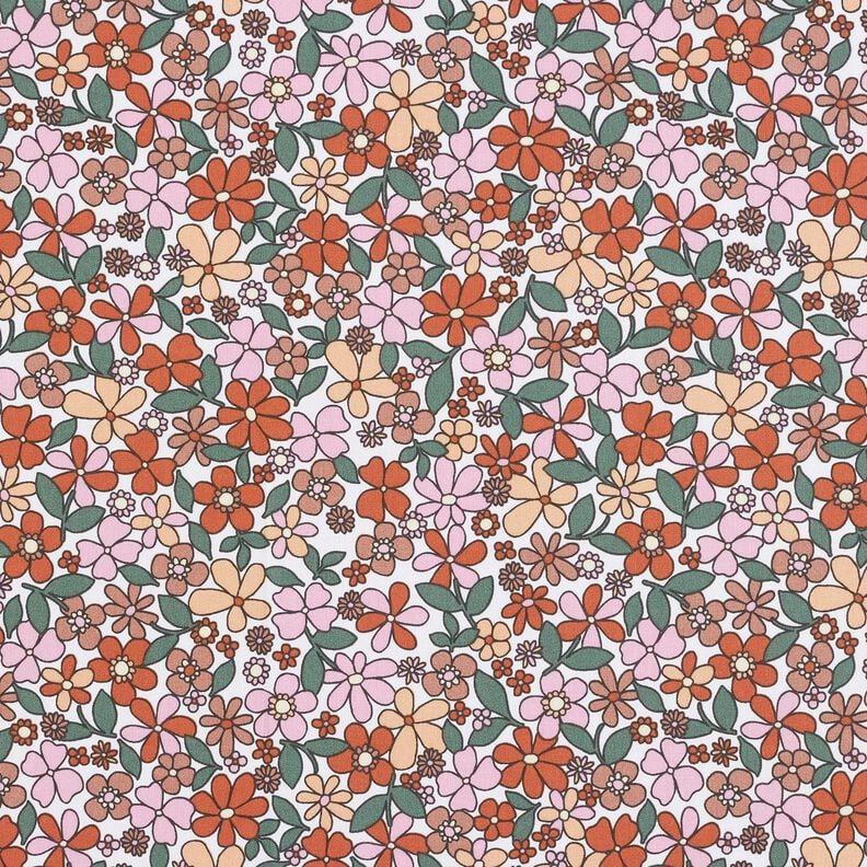 Katoenen stof Cretonne kleine retrobloemen – wit/roze,  image number 1