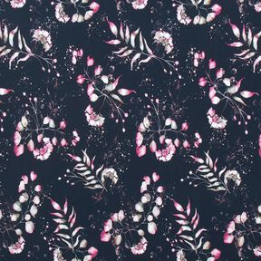 Katoenjersey Eucalyptus en hortensia's | Glitzerpüppi – nachtblauw/roze, 
