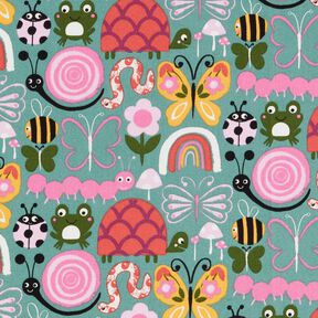 Katoenen stof Cretonne Vlinders en bijen – eucalyptus/roze, 