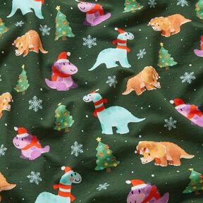 French Terry sommersweat Babydinosaurus in kerstsfeer | Glitzerpüppi – donkergroen/chili, 