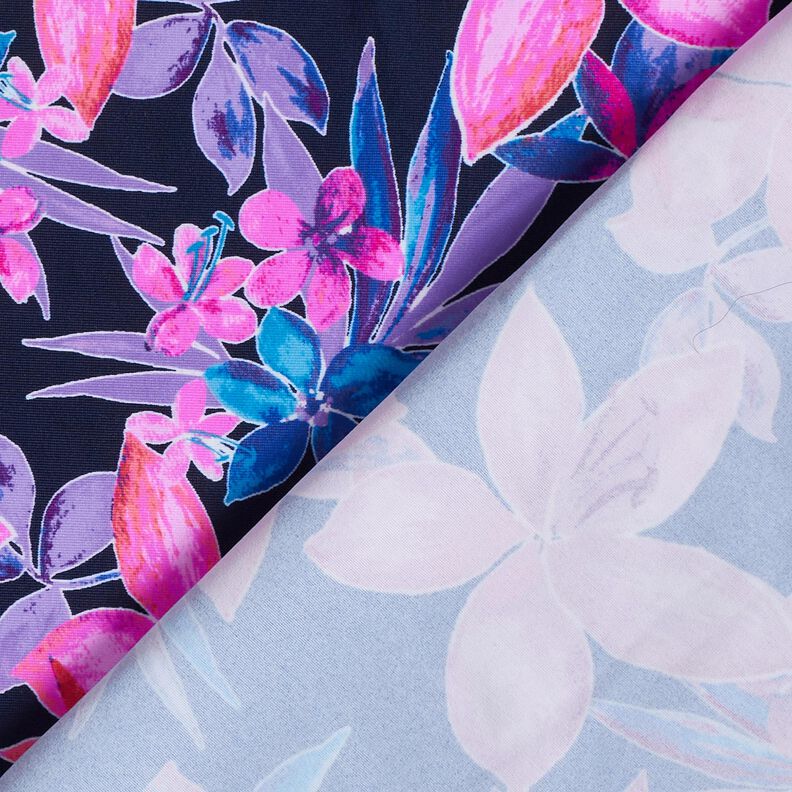 Badpakstof Tropische bloemen – marineblauw/pink,  image number 4