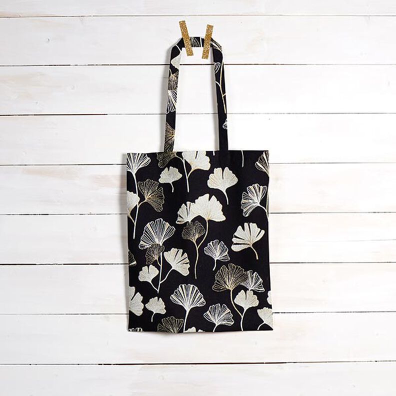 Decostof Jacquard Ginkgobladeren – zwart/goud,  image number 9