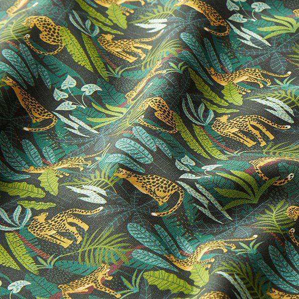 Decostof Katoenpopeline Luipaarden in de jungle – groen/geel,  image number 2