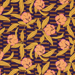 Decostof Half panama kleurrijke bloemen – aubergine/lichtoranje, 
