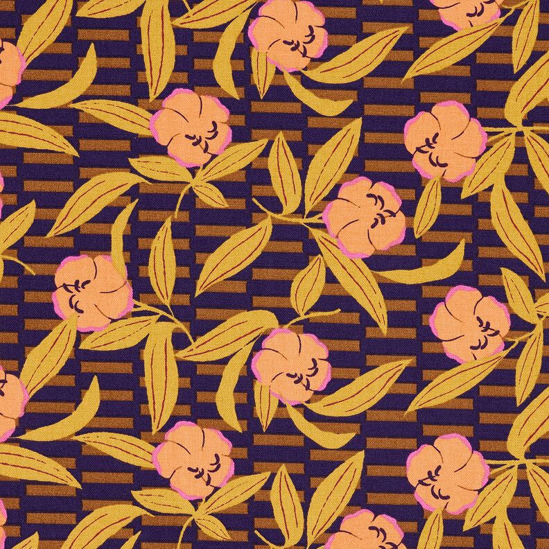 Decostof Half panama kleurrijke bloemen – aubergine/lichtoranje, image number 1