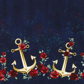 Katoenjersey Ankers en rozen | Glitzerpüppi – nachtblauw/oud goud, 