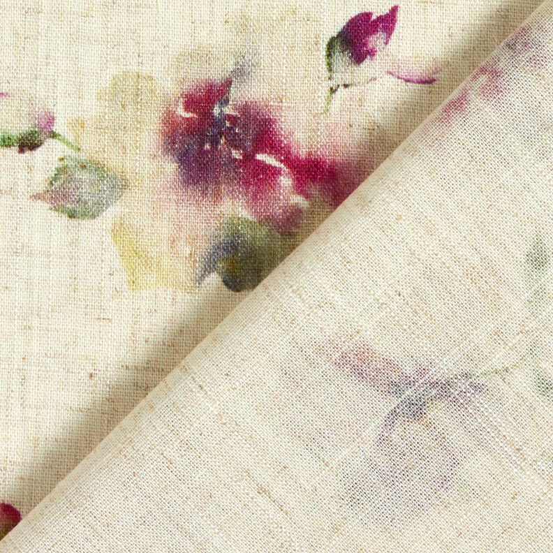 Viscose-linnen-mix Aquarel bloemen – natuur/druif, image number 4