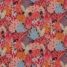 Decostof Jacquard Junglebladeren – zwart/karmijnrood, 