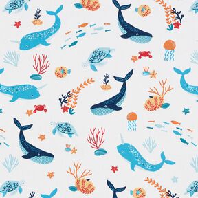 Katoenen stof Cretonne Onderwaterdieren – wit/aquablauw, 
