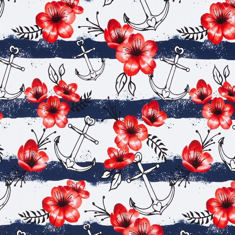 Katoenjersey Bloemen & anker strepen | Glitzerpüppi – wit/chili,  image number 1