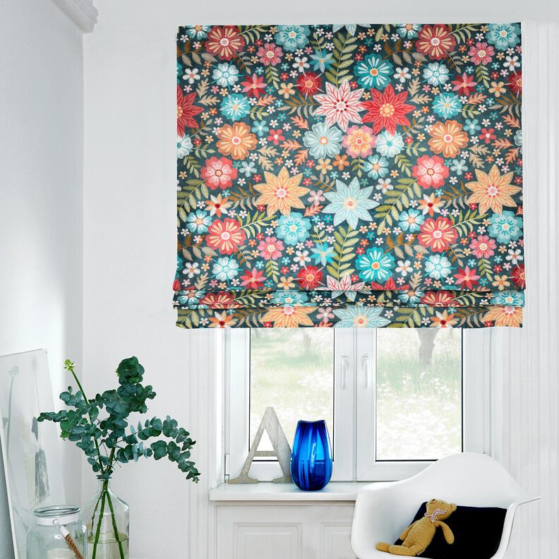Decoratiefluweel Geborduurde bloemen – petroleum/karmijnrood,  image number 6