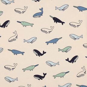 Katoenjersey schattige walvissen| Poppy Fabrics – cashew/marineblauw, 