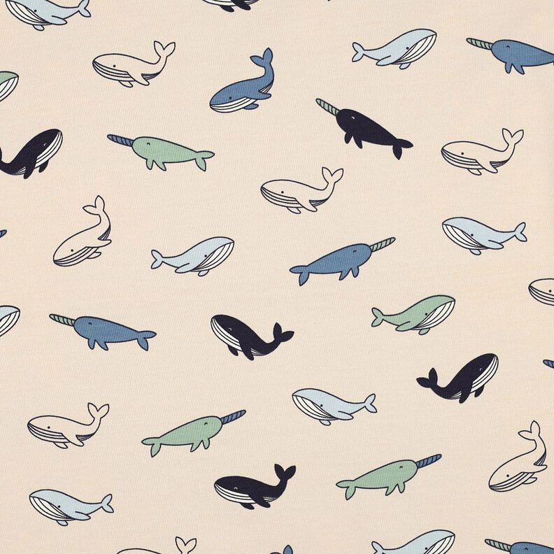 Katoenjersey schattige walvissen| Poppy Fabrics – cashew/marineblauw,  image number 1