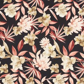 Crêpe satijn magnolia's met palmbladeren – zwart/beige, 