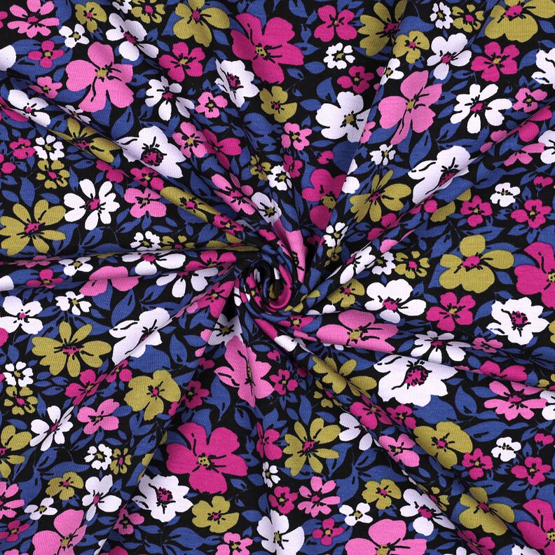 French Terry sommersweat Bloemen – zwart/indigo,  image number 3