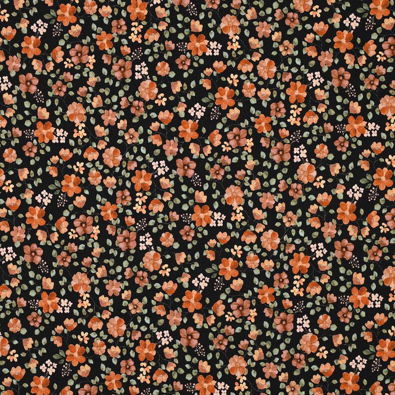 GOTS Katoenjersey Herfstbloemen Digitaal printen – zwart/perzik sinaasappel,  image number 1
