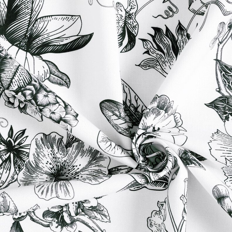 Decostof Half panama pittoreske bloemen – wit/zwart, image number 3