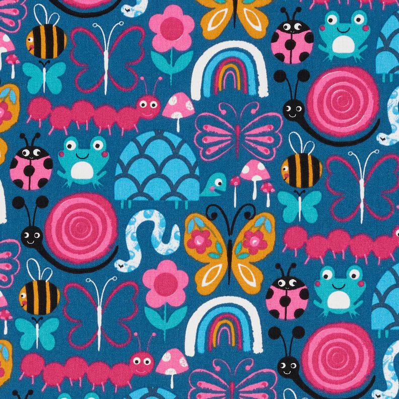 Katoenen stof Cretonne Vlinders en bijen – oceaanblauw/intens roze,  image number 1