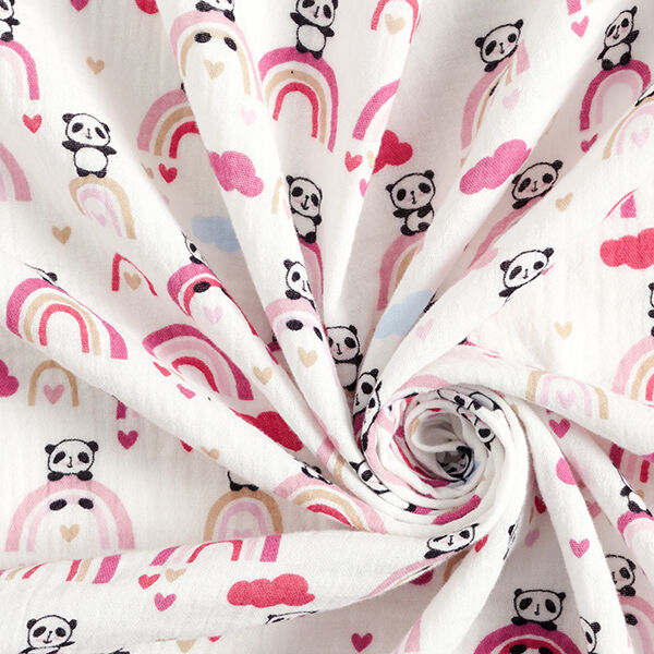 Mousseline/dubbel gehaakte stoffen Panda's op regenbogen – wit/roze, image number 3