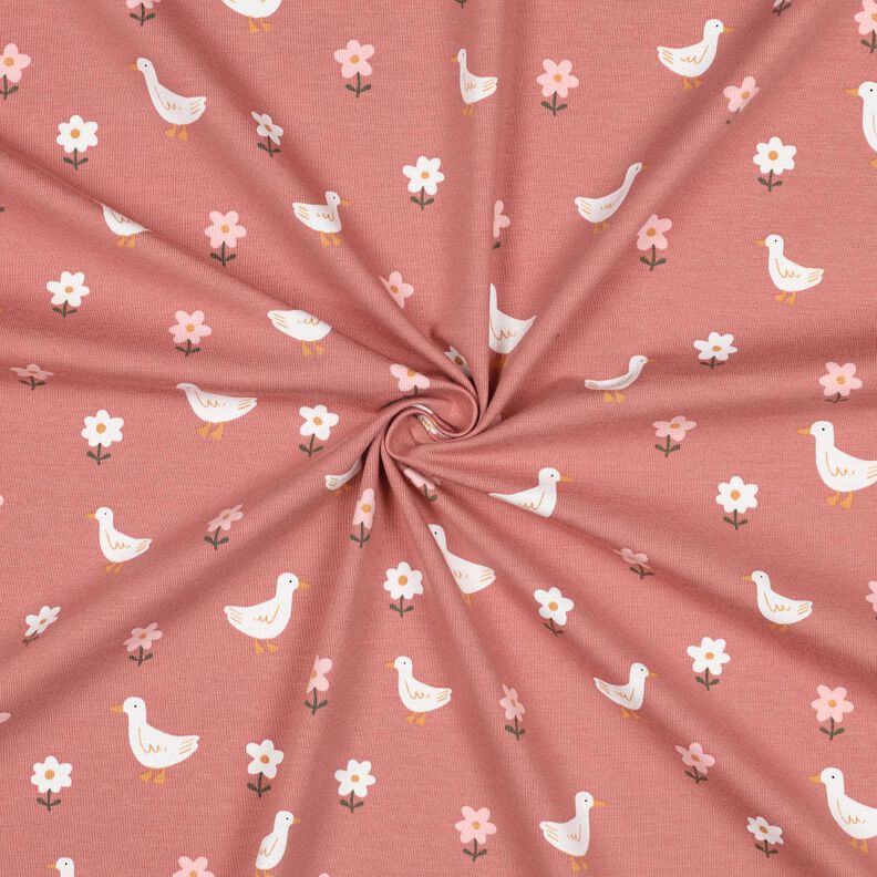 Katoenjersey Ganzen op de bloemenweide | Poppy Fabrics – donker oudroze/wit, image number 3