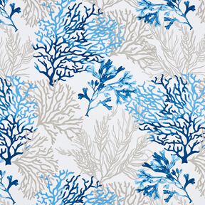 Katoenen stof Cretonne grote koralen – wit/blauw, 