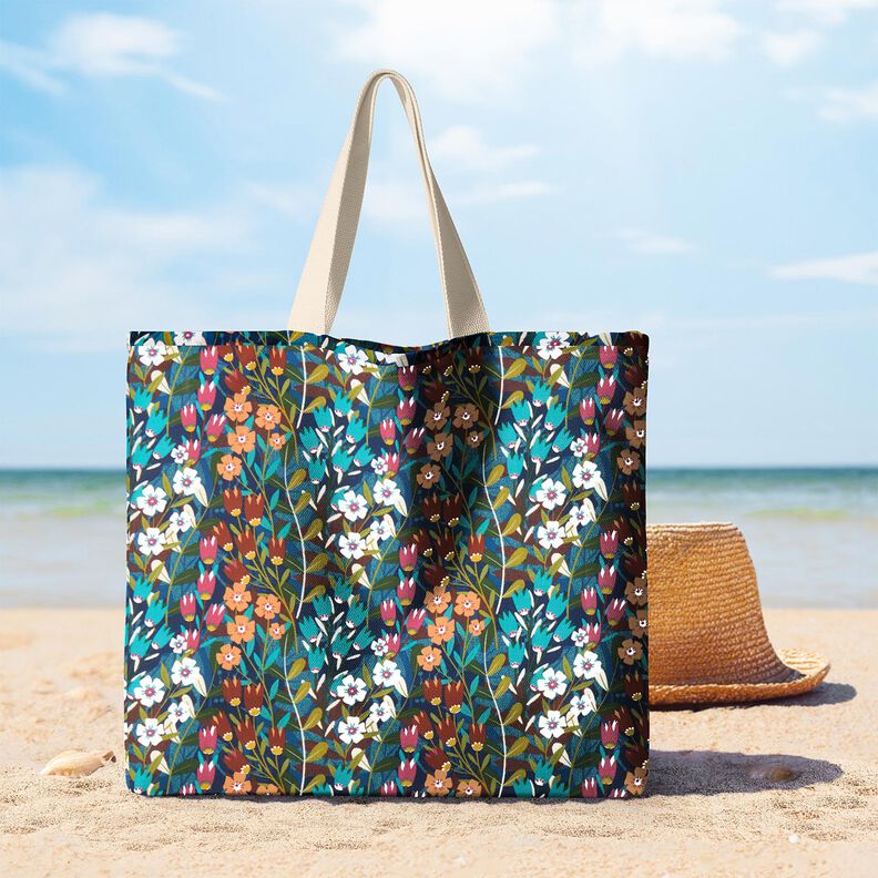 Gecoate katoen Bloemenmix &ndash; petroleum/roodbruin,  image number 5