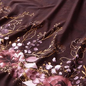Katoenjersey Borduurstof Bloemen in gouden glitter | Glitzerpüppi – bordeauxrood/pastellila, 