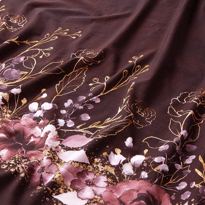 Katoenjersey Borduurstof Bloemen in gouden glitter | Glitzerpüppi – bordeauxrood/pastellila,  image number 2